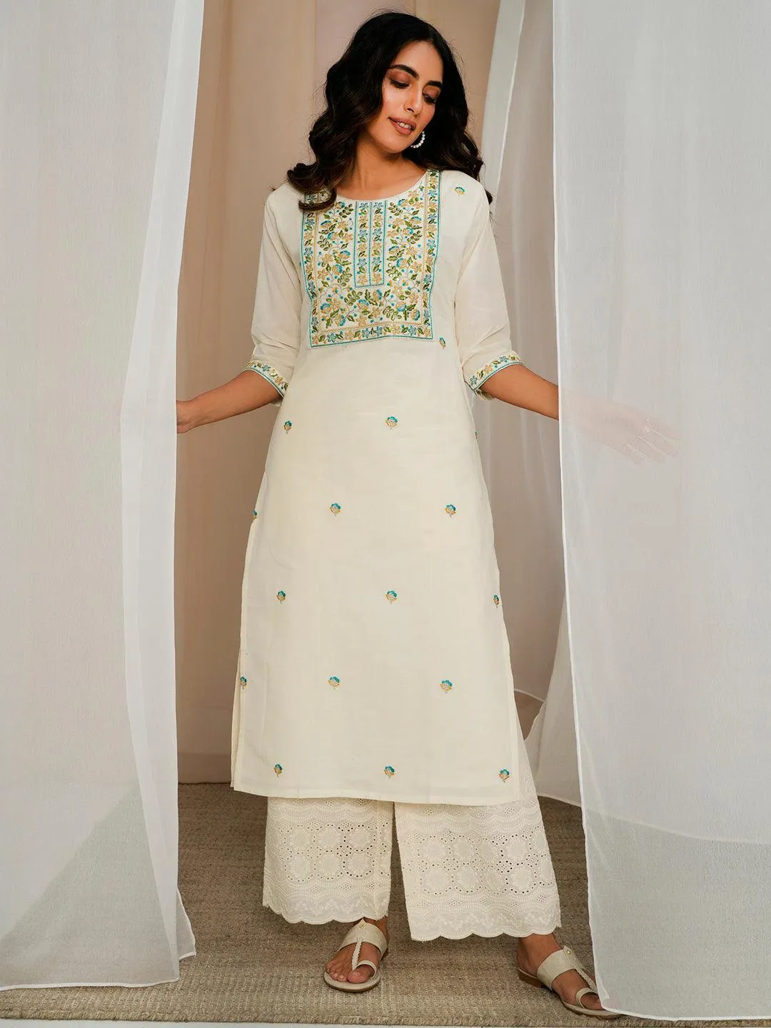 1_99d43705-c913-450e-83fe-5de71ef10c3c.webp Off White Embroidered Cotton Straight Kurta - Image 1