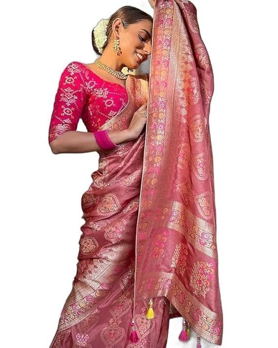 61BSQdXcupL._SX569_.jpg Pure Kanjivaram Soft Banarasi Silk Saree For Women & Girls With Unstitched Heavy Blouse Piece - Image 1