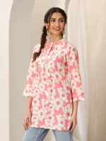 Pink Printed Silk Blend Straight Short Kurti - Image 2